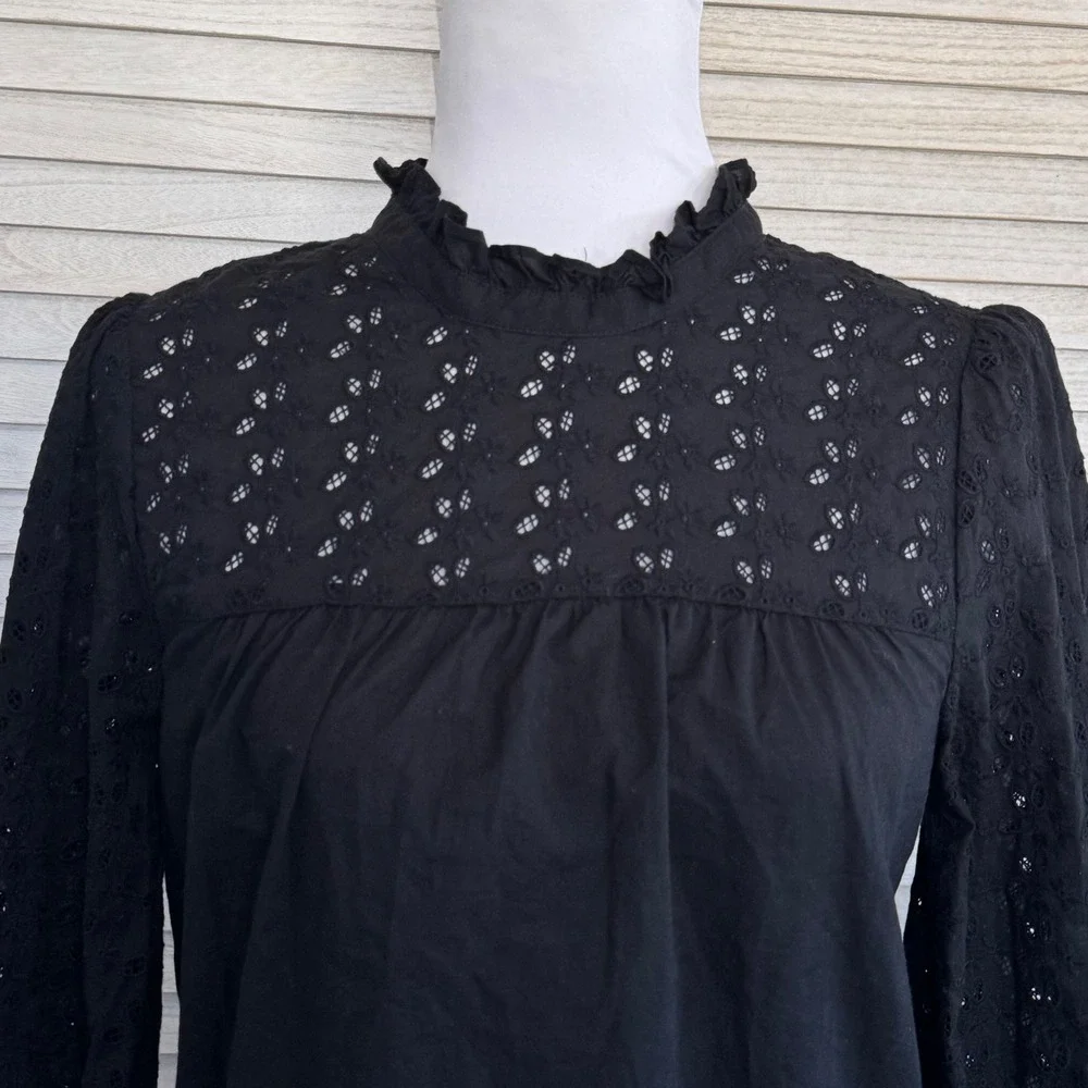 Madewell‎ Top Black Eyelet Ruffle Neck Long Sleeve Peasant Boho Full Coverage XS